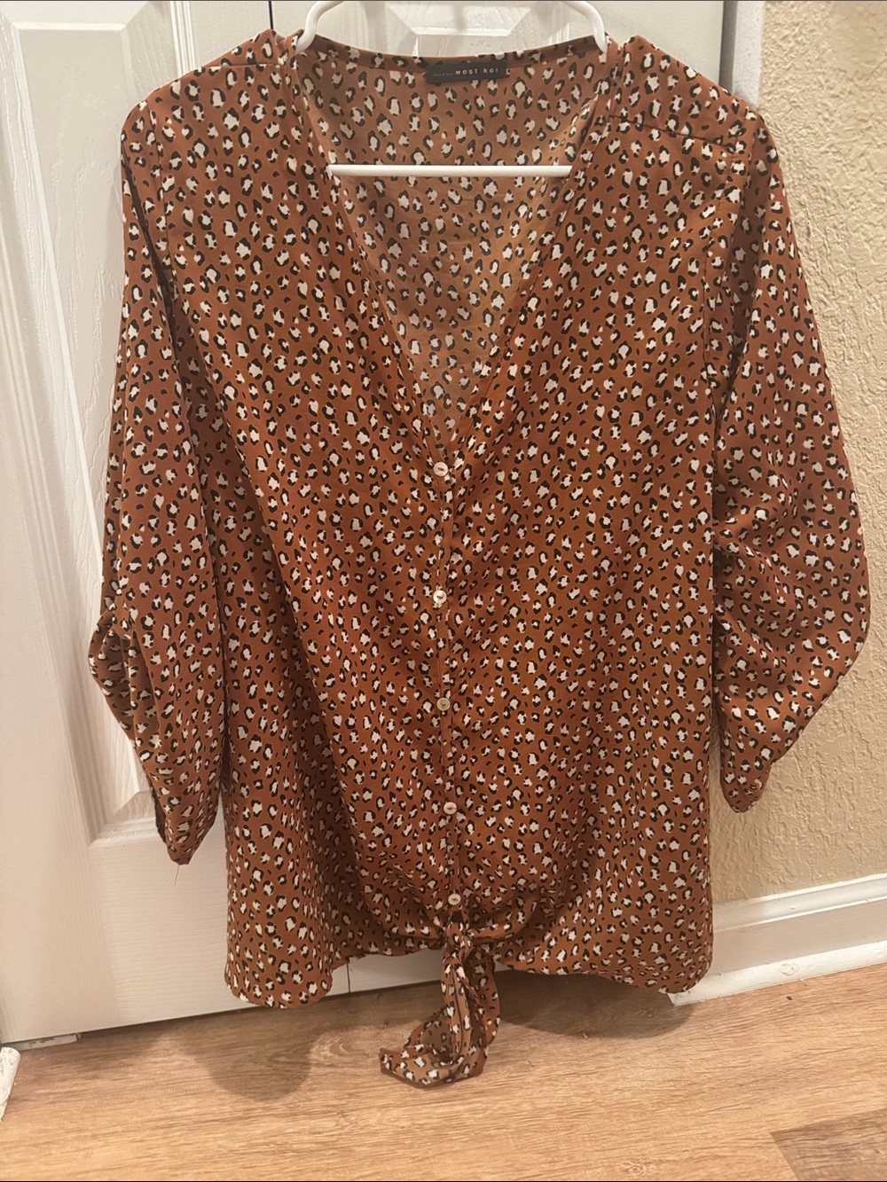 Womens Brown Tie-Front Button Blouse - Animal Print